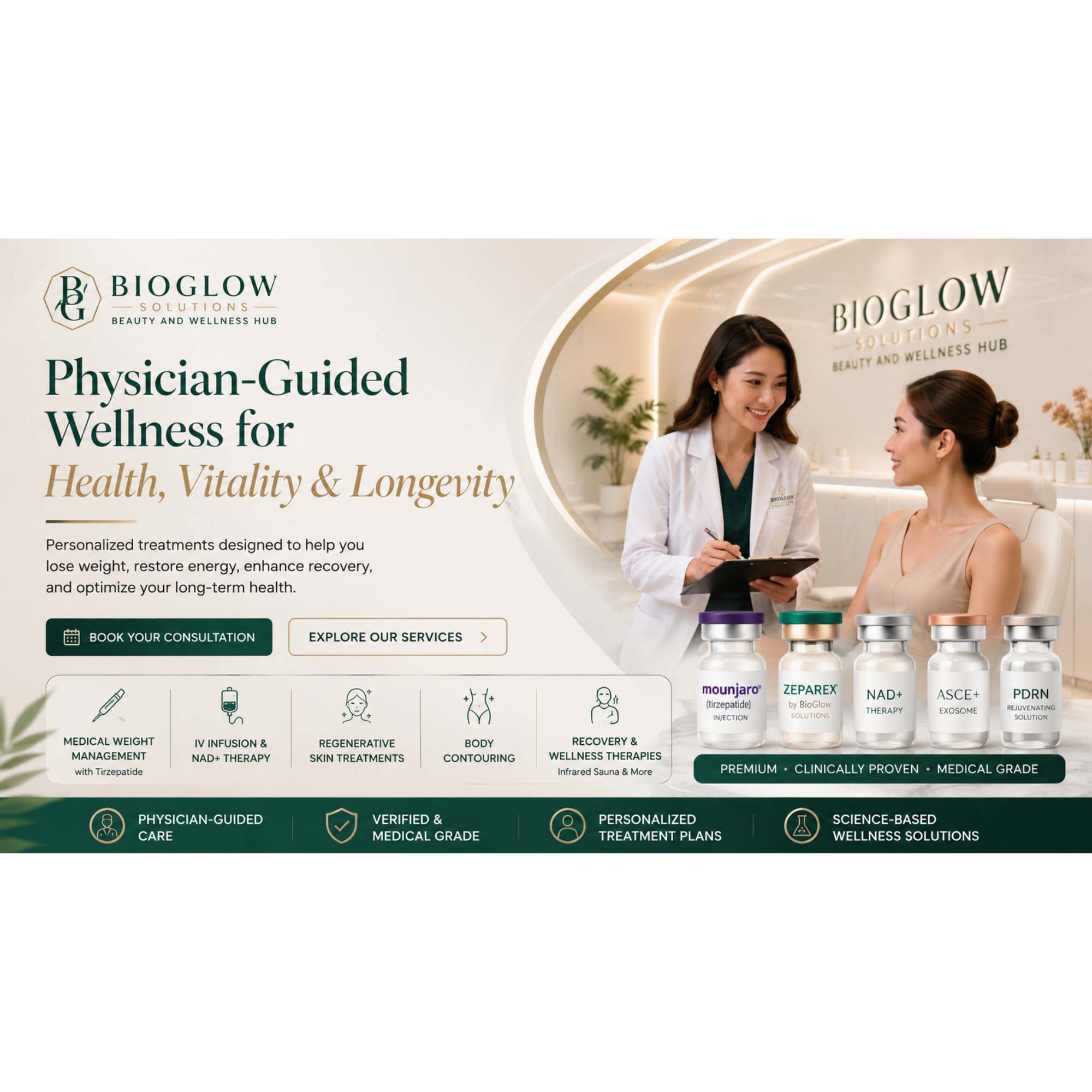 Premium website hero banner featuring BioGlow Solutions’ physician-guided treatments for weight management, IV infusion therapy, regenerative skin treatments, body contouring, and recovery therapies.